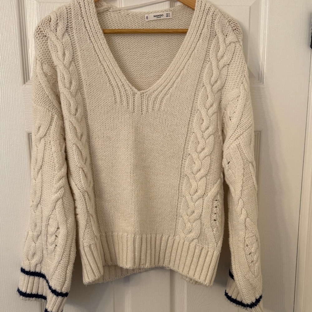 Mango Cream V-Neck Cable Knit Sweater